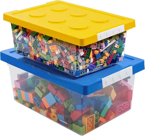Miniatura 10 de Contenedores de almacenamiento de plástico con tapas, caja organizadora apilable de juguetes, juego de 2, cofres de juguetes con placa base y tapa