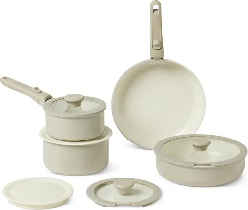 Amazon Basics Juego de utensilios de cocina antiadherentes de cerámica con asas desmontables, 11 piezas apilables, aptos para todas las placas de