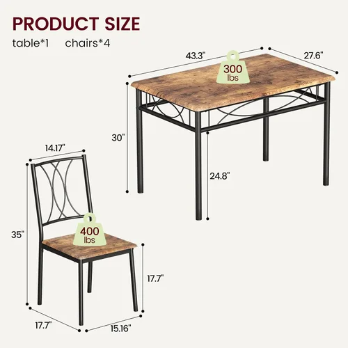 Miniatura 6 de Garvee Juego de mesa de comedor de madera de 5 piezas para 4, juego de mesa de cocina rectangular con 4 sillas, juego de mesa de comedor que ahorra