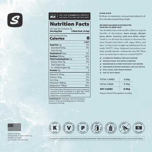 Miniatura 8 de SALTT Electrolytes Powder Sin Sabor Mezcla para Bebida - Limpieza Completa - 30 Paquetes de Hidratación - Magnesio, Potasio, Sodio, Oligominerales