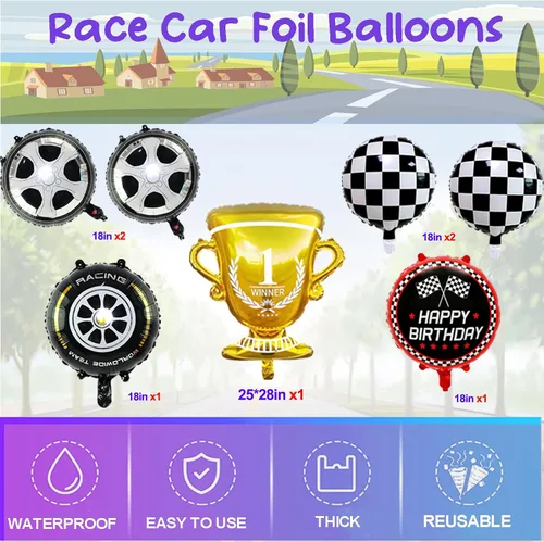 Miniatura 5 de Decoración de fiesta de cumpleaños de coche de carreras, globos de automóvil de carreras con flecos de aluminio a cuadros, telón de fondo