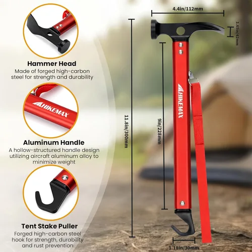 Miniatura 2 de Martillo ligero para acampar al aire libre, martillo de aluminio para tienda de campaña con removedor de estacas de tienda, 13 onzas Rojo