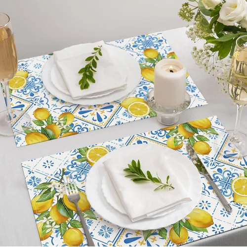 Miniatura 3 de Bonhause Juego de 4 manteles individuales de verano de limón de 12 x 18 pulgadas, azulejos italianos azules, limones, frutas amarillas