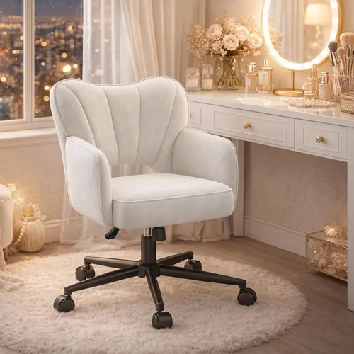 Miniatura 10 de DurayLoly Silla de tocador con ruedas y respaldo, silla de tocador de altura ajustable, sillas de escritorio cómodas para maquillaje, trabajo y Gris