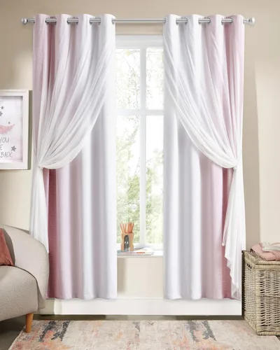 Miniatura 12 de Cortinas 100% opacas con superposición de gasa Mix and Match de doble capa, 54 pulgadas de largo, 2 paneles para dormitorio y sala de estar, azul