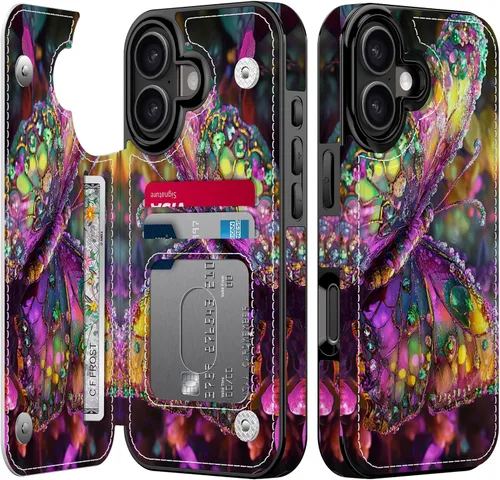 Miniatura 148 de FUNMIKO Funda tipo cartera para iPhone 13 con tarjetero, bloqueo RFID, protección de grado militar y obras de arte impresas con rayos UV, cierre