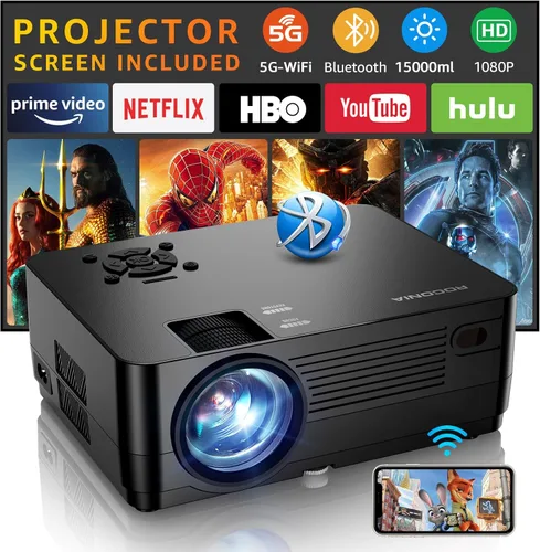 Proyector con WiFi 5G y Bluetooth, proyector nativo 1080P [pantalla de proyector incluida], proyector de película Full HD 18000LM, pantalla de cine