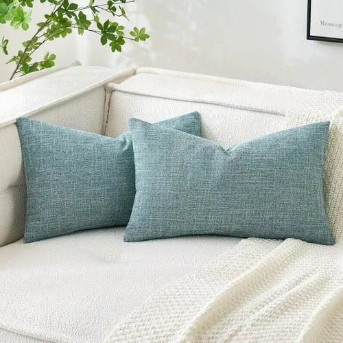 Miniatura 29 de MIULEE - Paquete de 2 fundas de almohada decorativas de lino de arpillera costera, estilo granja, para sofá, coche, sillón, dormitorio, sala de Azul
