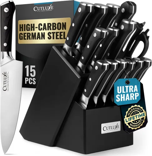 Cutluxe Juego de 15 cuchillos – Bloque de madera negra premium – Juego de cuchillos para cocina, acero inoxidable alemán de alto carbono ultra Negro