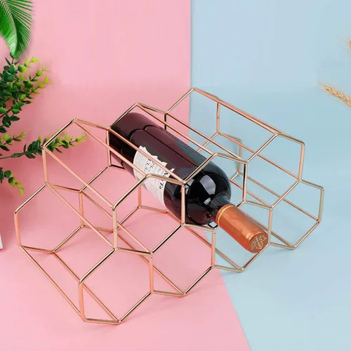 Miniatura 2 de Estante de vino de nido de abeja de metal moderno Almacenamiento de botellas de vino Colmena Estante de vino de mesa Estante de vino Oro rosa