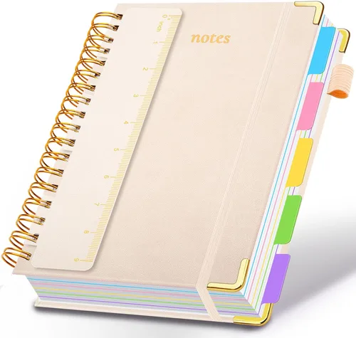 Miniatura 34 de Cuaderno de espiral con tapa dura, de 8 x 10 pulgadas, separadores y divisores extraíbles, 300 páginas, 5 asignaturas, a rayas, de piel sintética