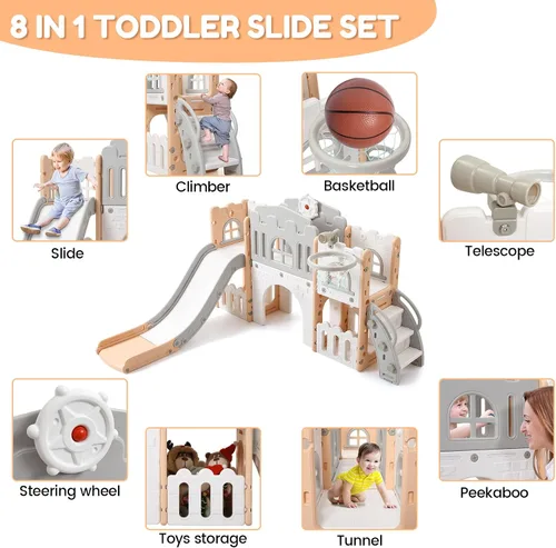 Miniatura 8 de GarveeLife Zona de juegos interior 8 en 1 para niños pequeños con tobogán: juego de tobogán para bebés de 1 a 3 años, tobogán para niños incluye aro