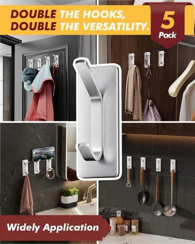Miniatura 5 de Auxmir Ganchos autoadhesivos resistentes de 15 libras, paquete de 5 ganchos de pared de acero inoxidable para abrigos, toallas, batas, impermeables