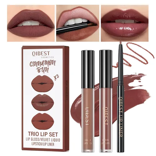 Miniatura 8 de Kit de labios todo en uno, 3 en 1, delineador de labios suave y lápiz labial con lápiz labial líquido de terciopelo mate, brillo labial hidratante