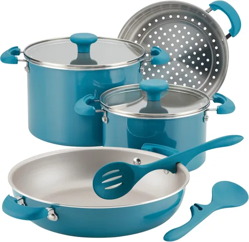 Miniatura 16 de Rachael Ray Get Cooking! Juego de ollas y sartenes antiadherentes, incluye bandeja para hornear y herramientas de cocina, 12 piezas, turquesa