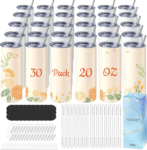 Hiipoo Paquete de 30 vasos de sublimación en blanco de 20 onzas rectos y delgados con papeles de sublimación, tapas y pajitas, películas envolventes