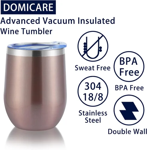Miniatura 7 de DOMICARE - Juego de 16 vasos de vino de 12 onzas con tapa, hechos de acero inoxidable con aislamiento al vacío de doble pared, color dorado rosado