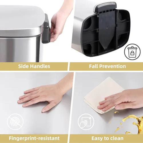 Miniatura 7 de Fashionwu Bote de basura rectangular de acero inoxidable de 50L/13 galones con pedal de pie, tapa de cierre suave plateado