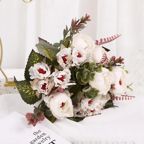 Miniatura 5 de Ramo de boda artificial de peonía de 9 cabezas para el hogar, flores artificiales para decoración del hogar (rosa champán)