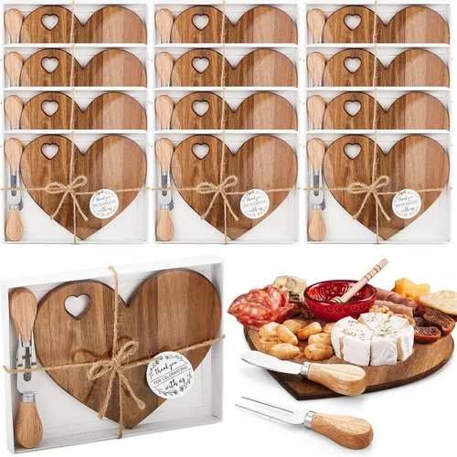 Patelai Juego de 12 Tablas de Queso para Ducha de Soltera, Favores de Corazón, Tablas Mini de Charcutería, Cuchillos de Queso de Madera, Caja de