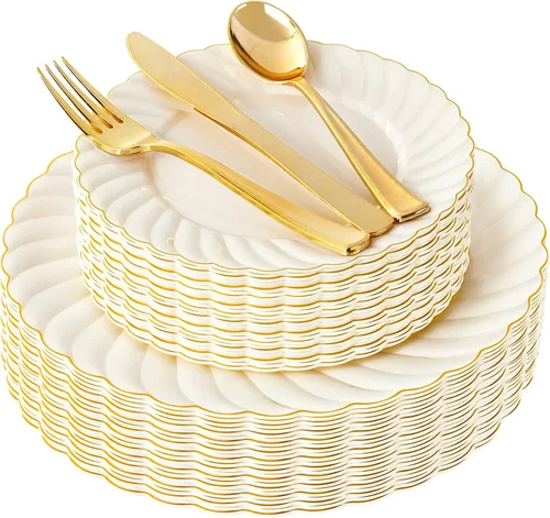 Miniatura 15 de YOUBET 125 platos de plástico blanco con borde dorado, platos dorados desechables con cubiertos dorados, incluyen 25 platos llanos, 25 platos