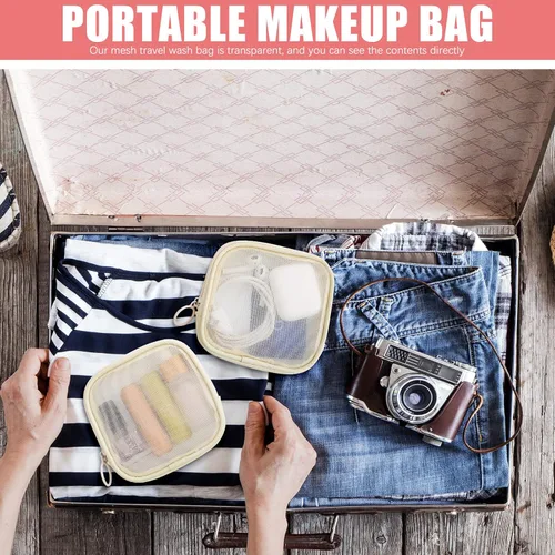 Miniatura 7 de Weewooday 4 piezas de malla para maquillaje, bolsa de cosméticos de malla, bolsa de aseo de viaje con cremallera, mini bolsa de cosméticos de Beige