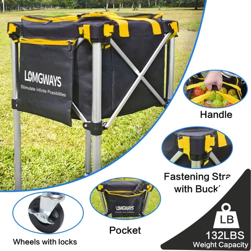 Miniatura 4 de Pickleball Tennis Ball Hopper-Foldable Lightweight Tennis Cart Holds 180 Tennis/160 Pickleballs with Removable Bag,Wheels,Side Pocket for