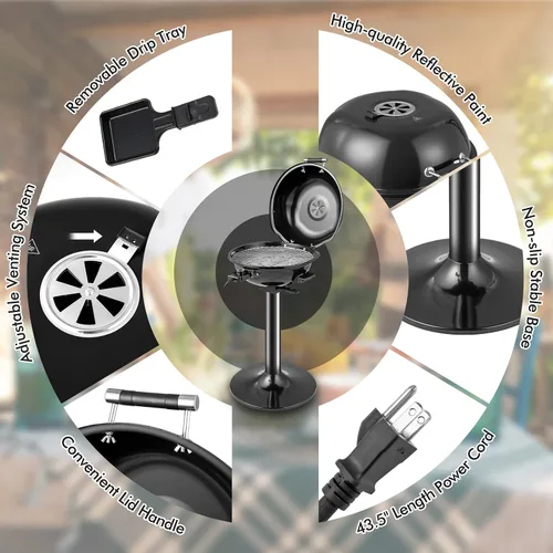 Miniatura 9 de ORALNER Parrilla eléctrica para barbacoa con soporte, rejilla de calentamiento y bandeja de goteo, parrilla eléctrica de 15 porciones