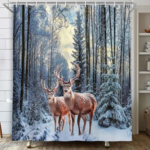 Miniatura 9 de MERCHR Cortina de Ducha de Nieve de Bosque Invernal, Cortina de Ducha de Pino Navideño y Venado Copo de Nieve para Baño, Decoración Festiva Navideña