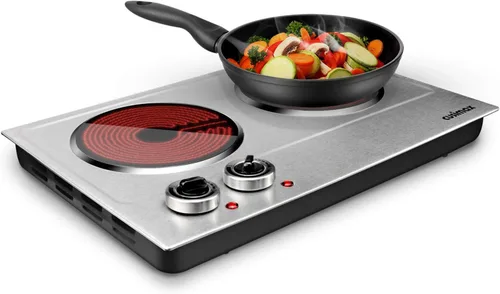 Miniatura 8 de CUSIMAX Doble quemador, placa eléctrica de cerámica de 1800 W para cocinar, estufa infrarroja de doble control, quemador portátil de encimera, placa