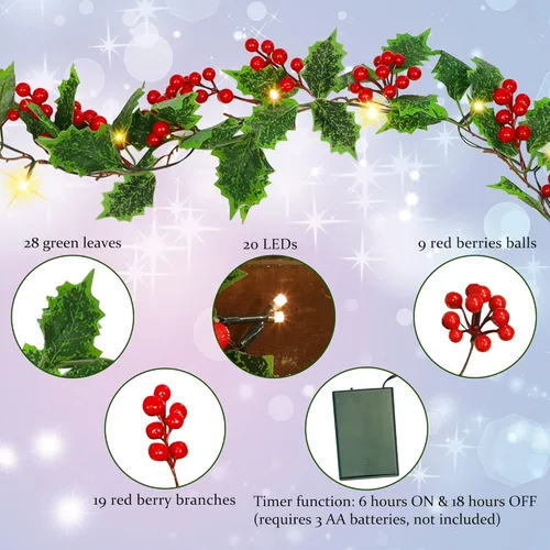 Miniatura 2 de ATDAWN - Guirnalda de Navidad Iluminada de Bayas Rojas de 7 Pies, Guirnalda Navideña Operada a Pilas con Luces, Guirnalda Artificial Flexible