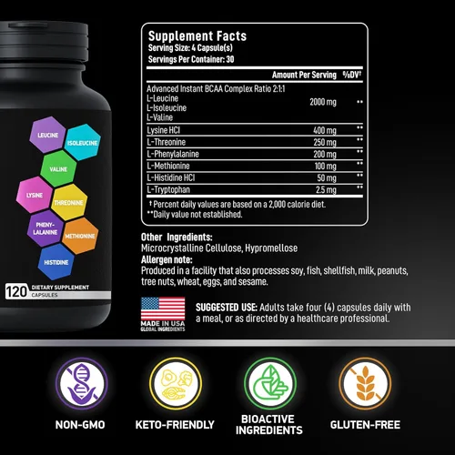 Miniatura 2 de Suplemento de aminoácidos esenciales para mujeres y hombres – Complejo de aminoácidos BCAA vegano para el crecimiento muscular con los 9 aminoácidos