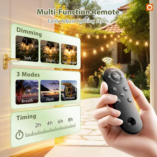 Miniatura 2 de addlon Luces de Cadena Solares de 33 (27+6) Pies Impermeables, Luz de Patio Solar con Control Remoto y Puerto USB, 9+1 Bombillas LED Irrompibles, 3
