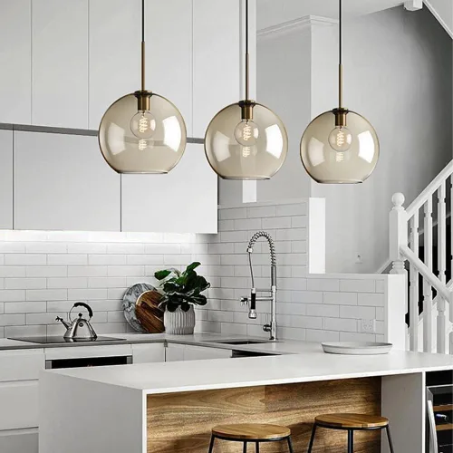 Miniatura 2 de Luces colgantes para isla de cocina, globo nórdico, pantalla de vidrio transparente, iluminación colgante de techo con acabado de metal, lámpara