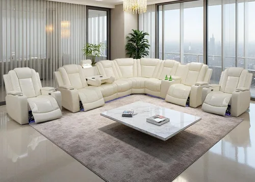 Miniatura 12 de Juegos de Muebles para Sala de Estar, Juego de Sofá Reclinable Eléctrico, Cuero Blanco Vainilla, Seccional de 2 Reclinables con Luz LED