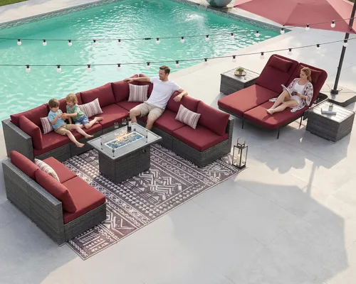 Miniatura 45 de NICESOUL Juego de muebles de patio para exteriores de 7 piezas con mesa para hoguera, gas natural y propano convertible, respaldo alto de 29.3
