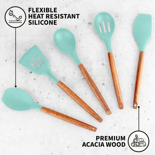 Miniatura 2 de Zulay Kitchen Juego de utensilios de cocina antiadherentes con auténticas asas de madera de acacia, juego de utensilios de cocina de silicona Sky
