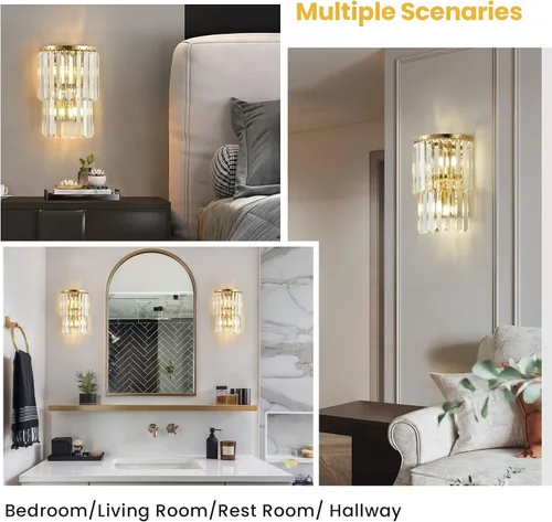 Miniatura 3 de Siljoy Lámpara de pared moderna de cristal de 2 niveles, lámpara de pared de cristal de 2 niveles, espejo dorado de acero inoxidable K9, aplique