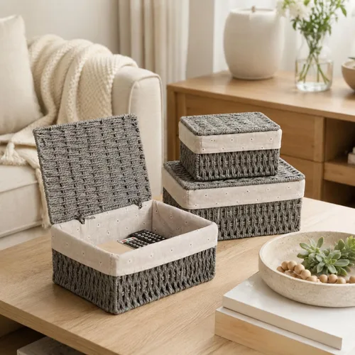 Miniatura 4 de Cestas de almacenamiento con tapas, juego de 3, cestas de mimbre tejidas anidables, cestas decorativas con tapa para estantes, dormitorio, baño, Gris