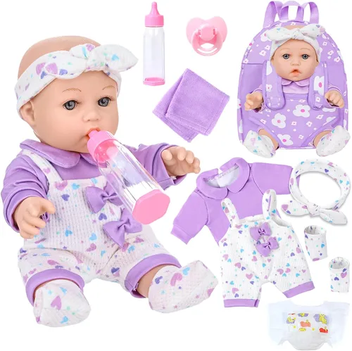 UZIDBTO Muñeca bebé de 12" con mochila portabebés con patrón de flores, muñecas bebé realistas de 12 pulgadas con ropa y accesorios, mordedor,