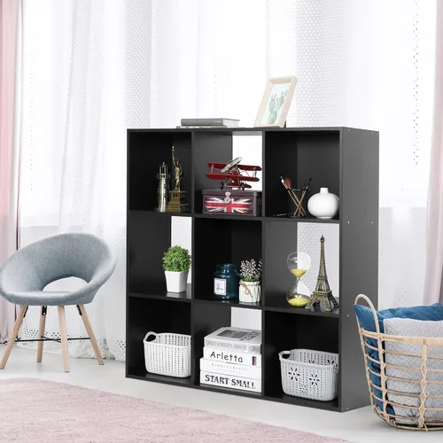 Miniatura 2 de Organizador de estantes de almacenamiento de 9 cubos, unidad de organización de estantería de madera, estantes de cubo para el hogar, oficina, Negro