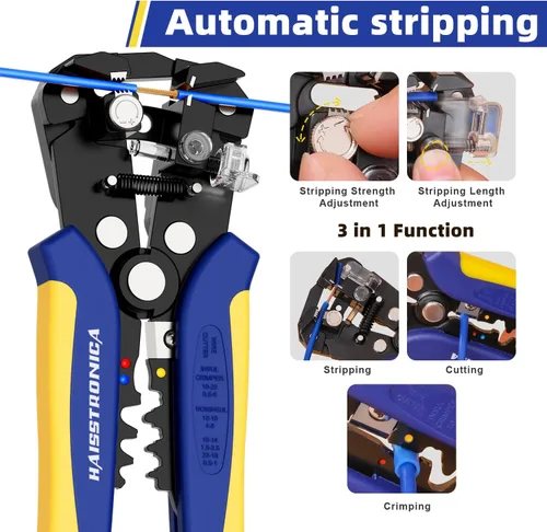 Miniatura 3 de haisstronica Juego de herramientas pelacables para electricista profesional, 10-24AWG, paquete de 3 pelacables autoajustables y cortador de estaño