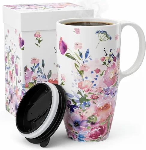 Miniatura 13 de Topadorn Taza de Café de Cerámica Taza de Viaje Regalo con Tapa 17oz., Taza de Té Alta de Porcelana con Asa para el Hogar y la Oficina, Taza