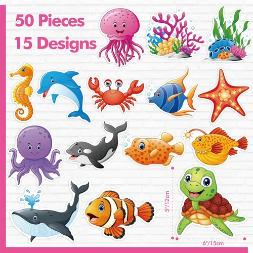 Miniatura 2 de 50 recortes de animales marinos, impresión de doble cara, recortes de acentos de criaturas oceánicas, tablero de anuncios de pescado y coral