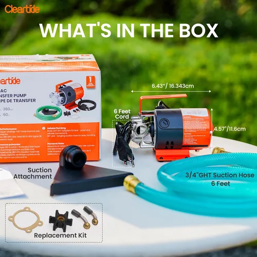 Miniatura 4 de Cleartide - Bomba de transferencia de agua 115V, 1/10HP 380GPH, bomba de agua eléctrica de uso general con kit de manguera de succión de 6 pies