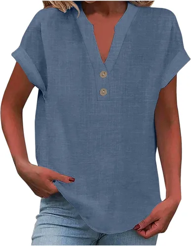 Miniatura 9 de Camisas de lino para mujer 2025 verano casual cuello en V botón abajo manga corta tops moda cómodo negocio trabajo blusas, beige (A-Beige)