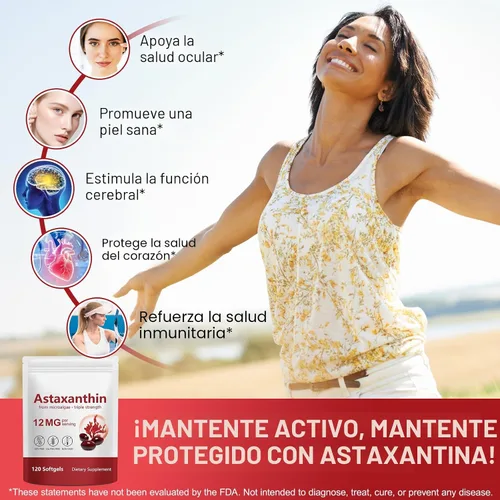 Miniatura 2 de Suplementos de Astaxantina de 12 mg, 120 cápsulas blandas, suplemento antioxidante de Astaxantina Premium, apoya la salud de los ojos, la piel