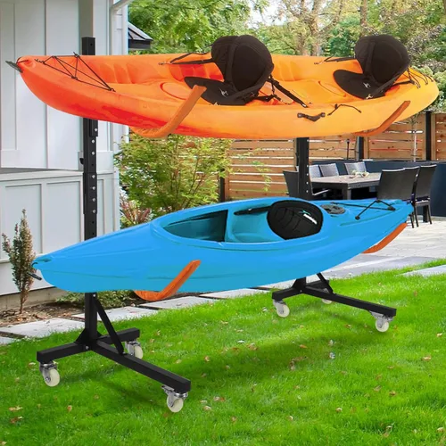 Miniatura 9 de Estante de almacenamiento independiente para kayak, estantes ajustables para kayak al aire libre con 4 ruedas bloqueables, soportes de kayak