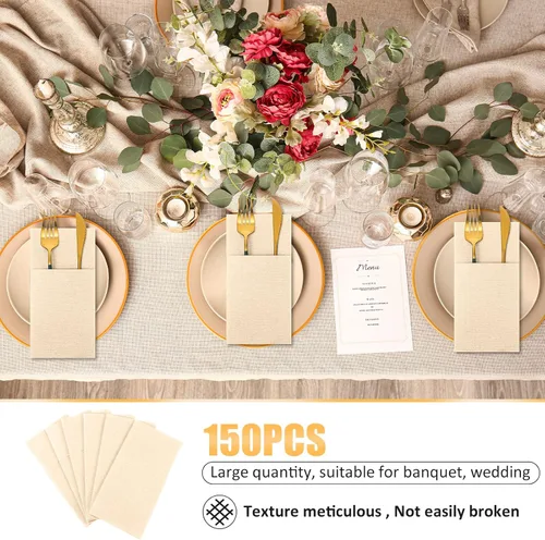 Miniatura 5 de Cindeer 150 piezas de servilletas de cena con sensación de lino champagne con bolsillo plano incorporado para cubiertos, preplegadas, servilletas