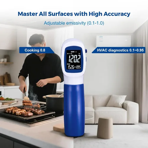 Miniatura 4 de Ring Laser DS20: 1 termómetro infrarrojo pistola de temperatura con carne, pistola térmica con emisividad ajustable y alarma alta/baja, ± 1% de Azul